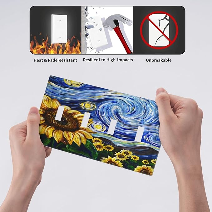 Vintage Abstract Blue Starry Sunflower Quad Toggle Light Switch Covers 4 Gang Wall Plate Decorative Switchplate Electrical Faceplate for Farmhouse Country Bedroom Decor