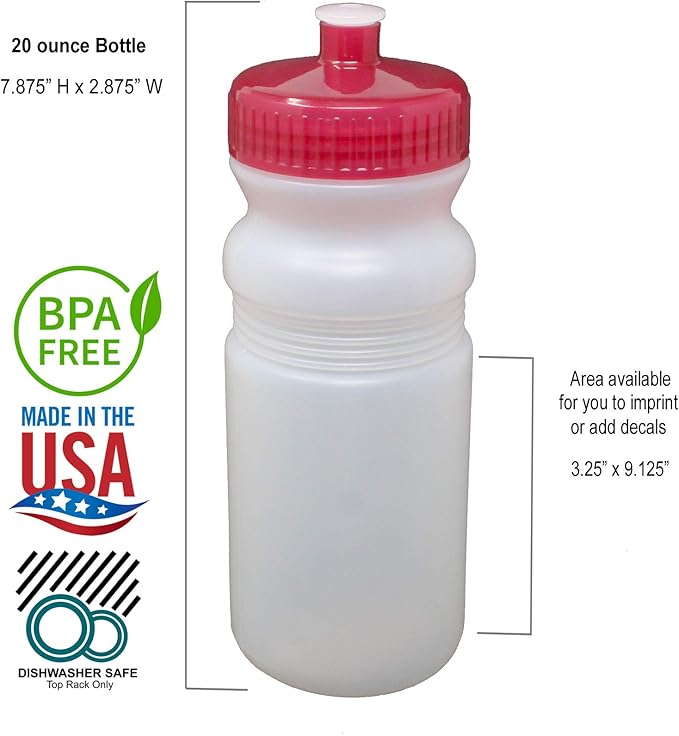 Rolling Sands 20 Ounce Sports Water Bottles 6 Pack, BPA-Free, Made In USA, Dishwasher Safe, Clear Frost Bottles/Red Lids