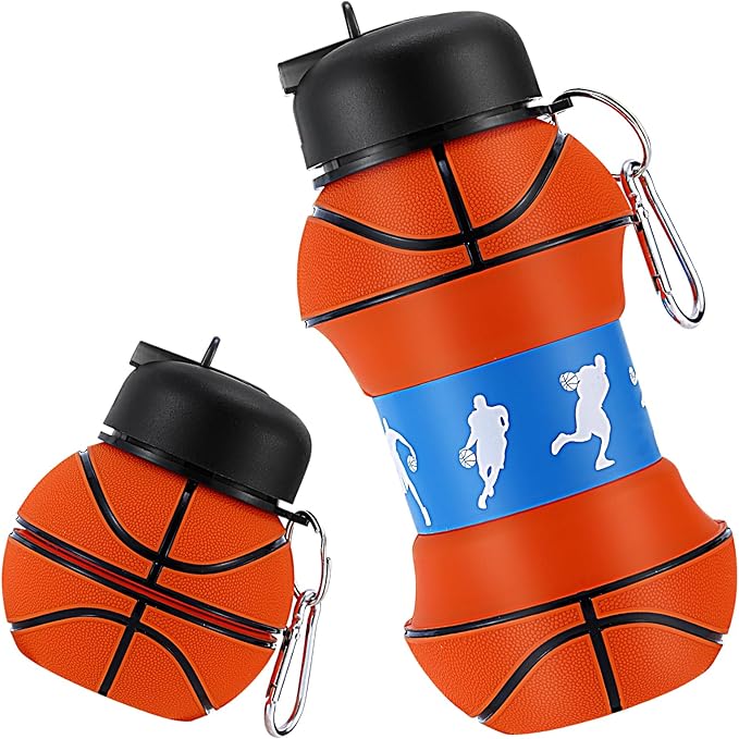 Kids Sports Collapsible Water Bottle | Ball Shaped Drinking Cup | Foldable BPA Free Leakproof Lightweight Silicon Jug | School Lunch Mug Team Gift Travel (Basketball Orange 550ml/18.6oz)