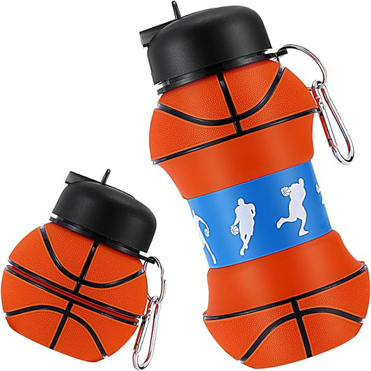 Kids Sports Collapsible Water Bottle | Ball Shaped Drinking Cup | Foldable BPA Free Leakproof Lightweight Silicon Jug | School Lunch Mug Team Gift Travel (Basketball Orange 550ml/18.6oz)
