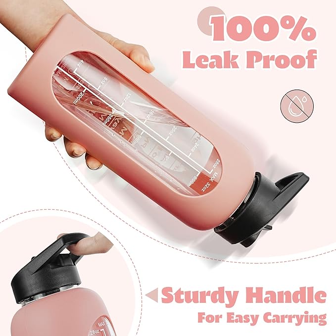 SIEROZUR 32 oz Glass Water Bottle with Straw and Handle Large Sports Motivational Water Bottle with Time Marker and 2 Lids, Leakproof Reusable Water Jug with Silicone Sleeve for Gym