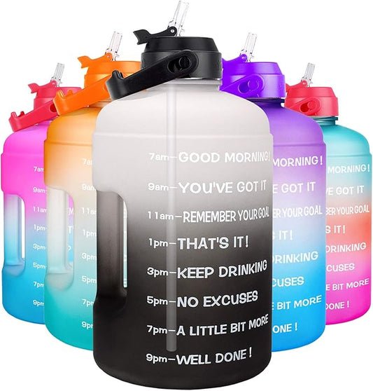 QuiFit 1 Gallon Water Bottle - with Straw & Motivational Time Marker Leak-Proof BPA Free Reusable Gym Sports Outdoor Large(128OZ) Capacity Water Jug(Gray/Black Gradient,1 Gallon)