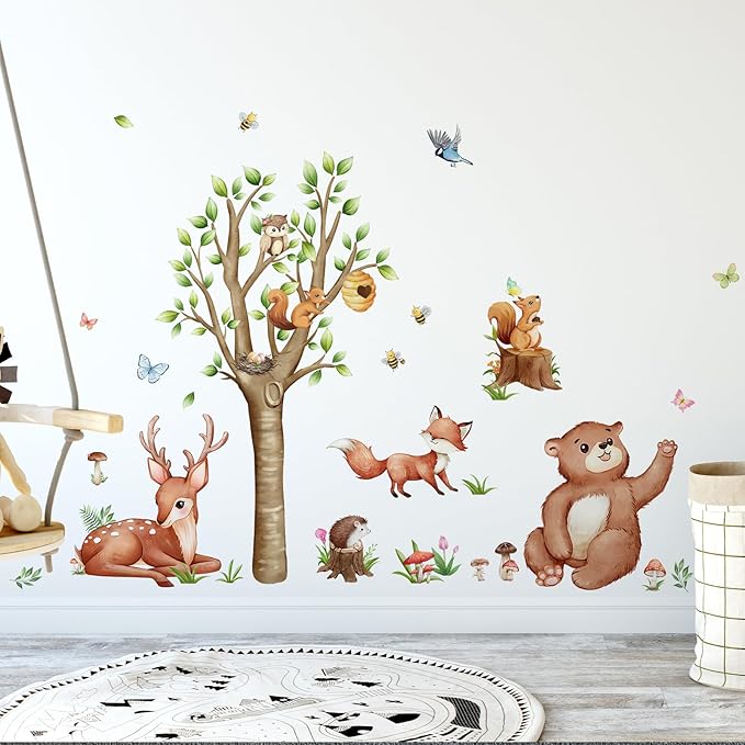 Animal Wall Decals Vinyl Butterfly Mushroom Wall Stickers, Removable Kids Toddler Jungle Forest Wall Murals Peel and Stick Flower Wall Art Decor Wallpaper for Bedroom Nursery Playroom