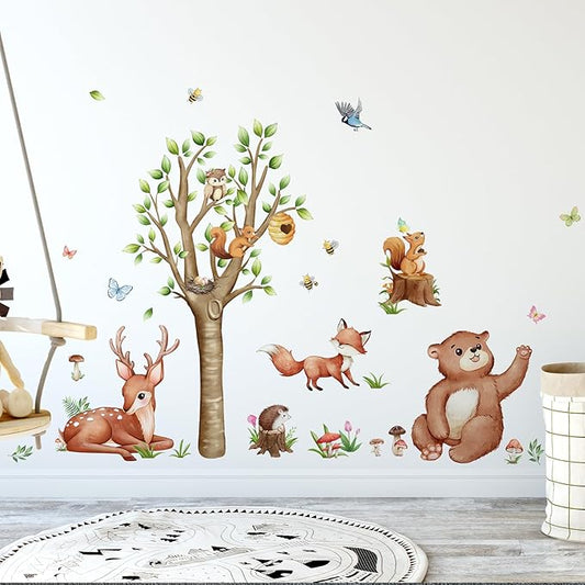 Animal Wall Decals Vinyl Butterfly Mushroom Wall Stickers, Removable Kids Toddler Jungle Forest Wall Murals Peel and Stick Flower Wall Art Decor Wallpaper for Bedroom Nursery Playroom