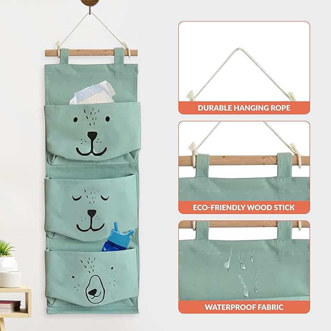 Large Wall Hanging Organizer with 3 Storage Pockets-Space saver for Playroom, Bedroom, Baby Nursery, Bedside, Closet. Cute animal print cubby caddy. Waterproof, Travel Friendly