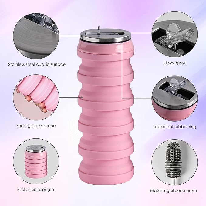 BeHeSo Collapsible Water Bottles with Silicone Brush - Straw Silicone Foldable Water Bottle Reusable Camping Cup Leak Proof Portable Travel Sport Water Bottle-500ml/17oz (Pink)