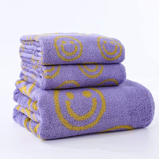 Luxury Purple Yellow Cute Smiling Face Bath Towel Sets for Bathroom, 1 Bath Towels 2 Hand Towels Washcloths, 100% Cotton Ultra Soft Highly Absorbent for Women Kids Girl Boy Face Body