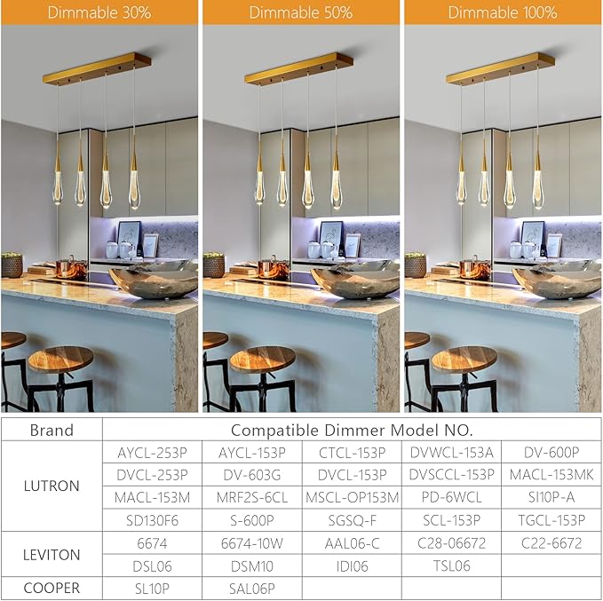 LMQNINE Kitchen Light Fixtures Ceiling Dimmable LED Modern Gold Pendant Light Mini Teardrop Crystal Pendant Light for Kitchen Island Bedroom Hallway Entryway (4-Light) (020)