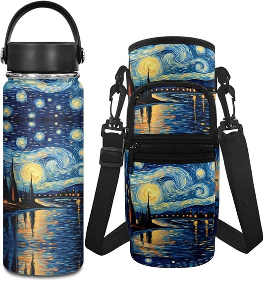 Oil Painting Stainless Steel Water Bottle for Girls Starry Sky 18 OZ Insulated Water Bottle and Water Bottle Carrier Bag Set Reusable Water Bottle