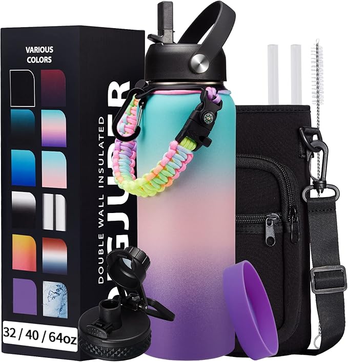 40oz Insulated Water Bottles with Straw and Paracord Handle, Metal Flask Bottle Keep Cold for Cold-48H Hot-24H, Double Vacuum Travel Thermo Mug with Carrying Pouch for Sports Hiking Cycling Running