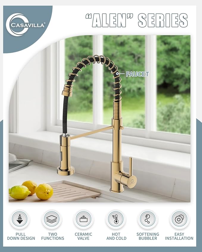 Kitchen Faucet, KF-GB-5001, Brushed Gold, Solid Brass, Single Handle, RV Sink Faucet with Pull Down Sprayer