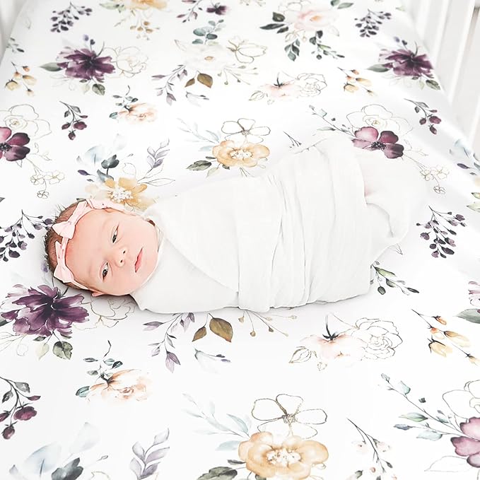 GRSSDER Stretchy Ultra Soft Jersey Knit Fitted Crib Sheets Set 2 Pack，Fits All Standard Crib Mattress Pads Safe and Snug, Pretty Purple Flora Botanical for Baby Girls