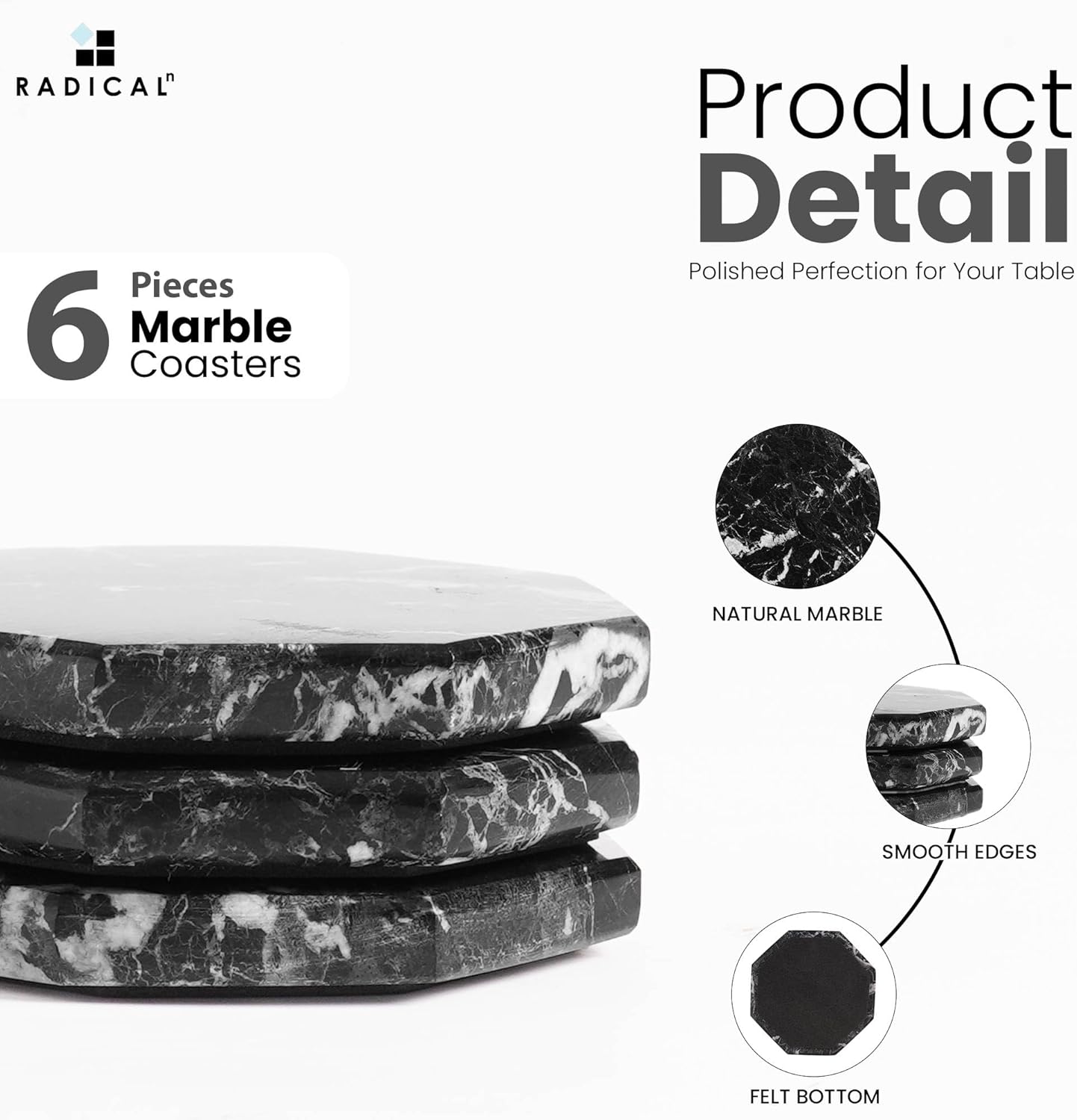 Radicaln Marble Coasters Star 3.5" Inches Black Handmade Stone Drink Coasters Set of 6 for Coffee Table and Dining Table Decor, Coaster for Drink