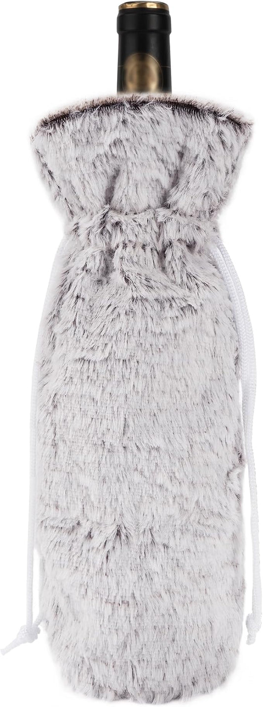 Wine Gift Bags Christmas Champagne Gift Bag for Engagement Wedding Birthday Wine Bottle Cover Decorative Fluffy Plush Drawstring Bag for 750ml Wine Bottles (Gray, 1 Pack)