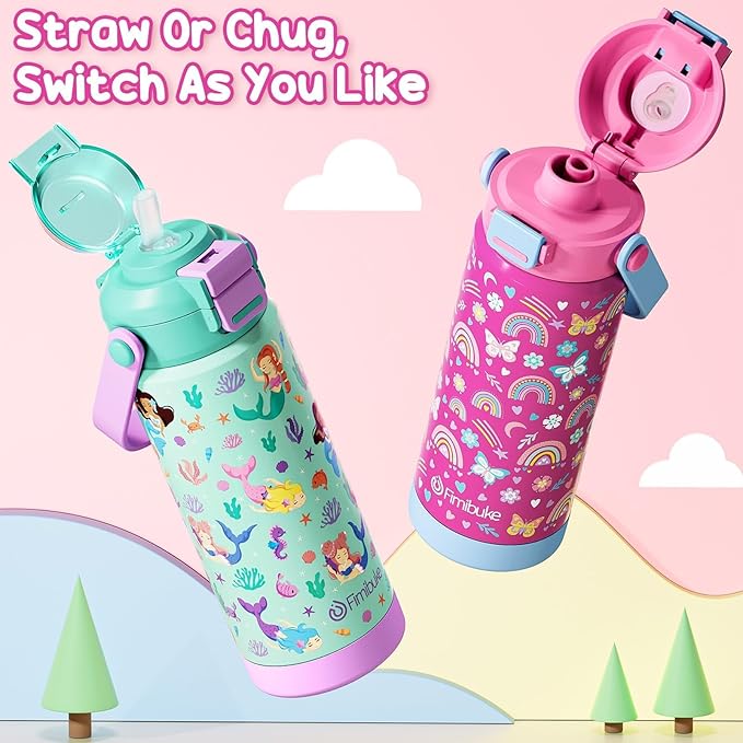 Fimibuke Kids Insulated Water Bottle with Pop-Open Straw & Spout 2-in-1 Lid, 18oz Leak Proof 18/8 Stainless Steel Vacuum Tumbler, BPA-Free Kids Cup For Travel School Boys Girls Toddler (1Pack,Mermaid)
