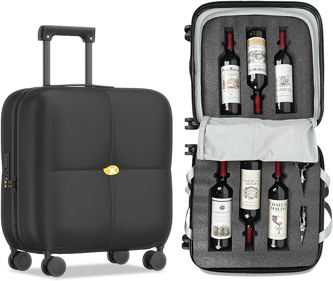 Wine Suitcase, 6 Bottle Wine Luggage, Durable Wine Travel Case, Fly With Wine Suitcase with TSA Lock, Versatile Wine Carrier with Removable Inserts and Silent Spinner Wheels（Black）