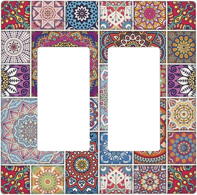 Morocco Talavera Mexican Tiles Printed Colroful Mandala 2 Gang Rocker Decora Light Switch Covers Dual Outlet Covers Wall Plate Decorative Switchplate Electrical Faceplate GFCI for Kitchen Bathroom