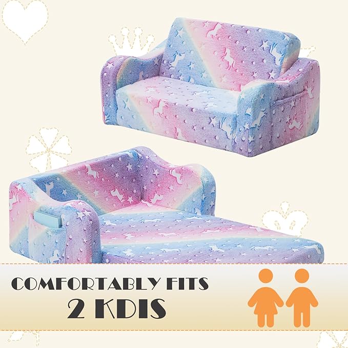 Baby Toddler Sofa Couch for Kids Extra Wide 2-in-1 Toddler Kids Fold Out Couch Bed for Playroom, Pull Out Children Convertible Sofa to Lounger for Boys & Girls with Double Pockets, Pink Horse