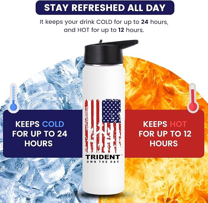 American Flag Water Bottle, 21 oz Insulated Water Bottle, Reusable Water Bottle with Straw, Leak Proof Water Bottles, Thermos Water Bottle - Retired Navy Combat Vet Small Business (White, 21 Oz)