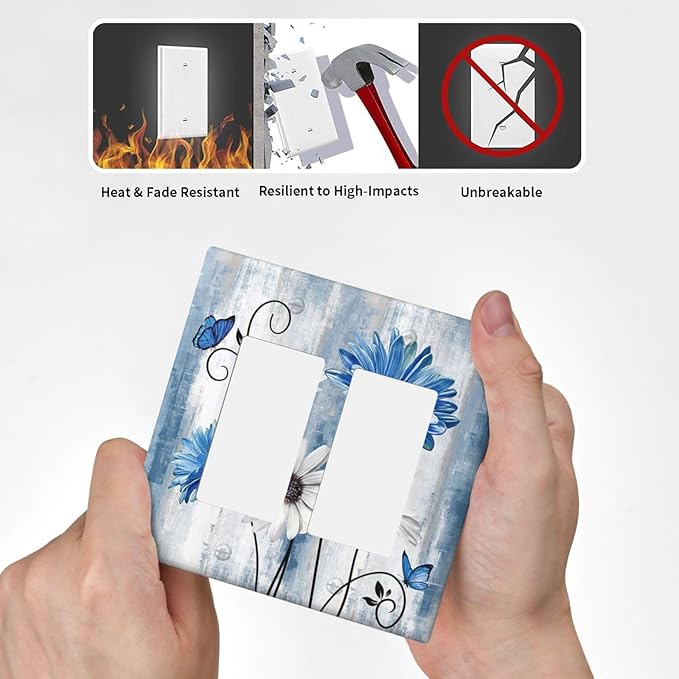 Rustic Teal Blue Daisy Floral 2 Gang Rocker Decora Light Switch Covers Dual Outlet Covers Wall Plate Decorative Switchplate Electrical Faceplate GFCI for Country Bathroom Bedroom Kitchen Decor