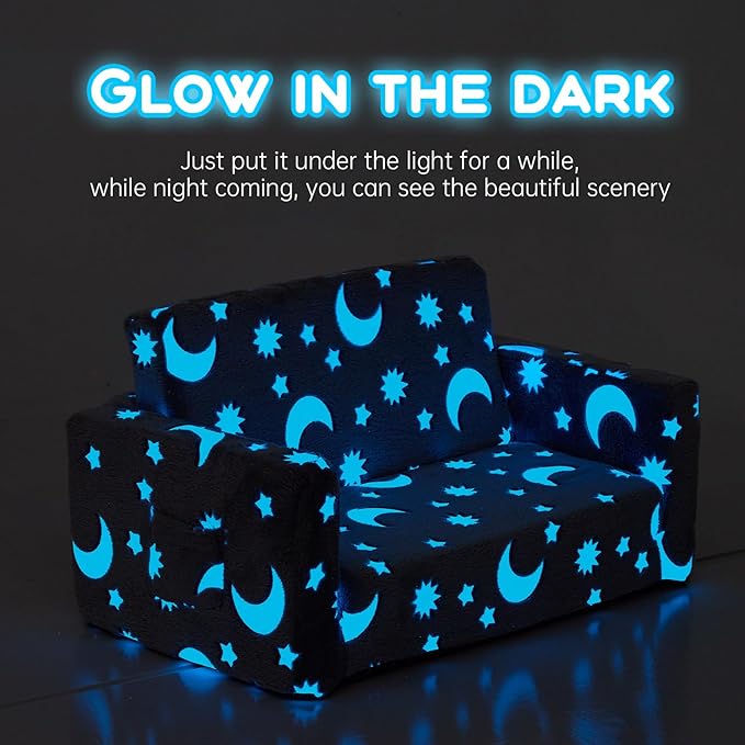 Toddler Chair, Toddler Couch, Kids Couch, Kids Sofa Chair 2 in 1, Comfy Toddler Chair Folding Out for Boys, Girls, Glow in The Dark Extra Soft Open Couch for Playroom, Gifts for Kids, Grey Star