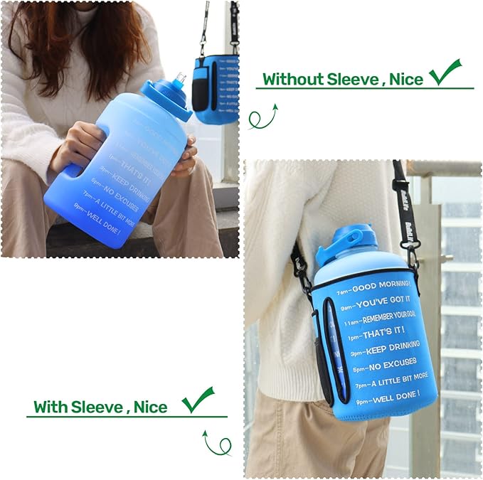 QuiFit 1 Gallon Water Bottle - with Straw & Motivational Time Marker Leak-Proof BPA Free Reusable Gym Sports Outdoor Large(128OZ) Capacity Water Jug(Blue/Blue with Sleeve,1 Gallon)