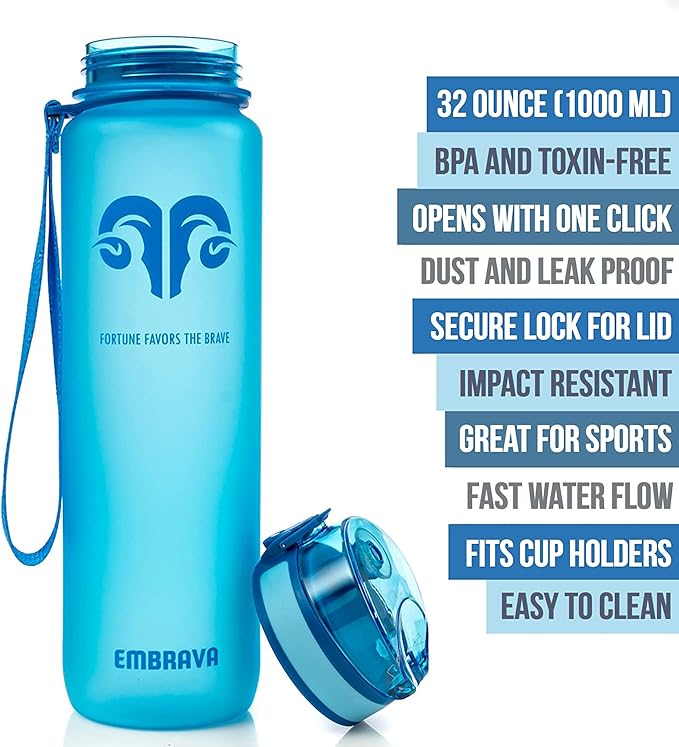 Embrava Sports Water Bottle - 32oz Large - Fast Flow Quick Sip Lid - BPA & BPS Free - Leakproof, Flip Top - Lightweight & Sturdy Tritan Plastic - Strainer for Fruit & Ice