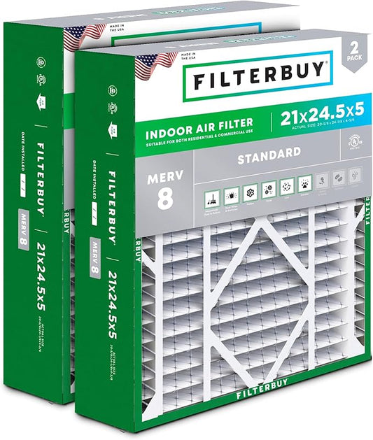 Filterbuy 21x24.5x5 Air Filter MERV 8 Dust Defense (2-Pack), Pleated HVAC AC Furnace Air Filters Replacement for Rheem, Ruud, and Protech (Actual Size: 20.63 x 24.13 x 4.38 Inches)
