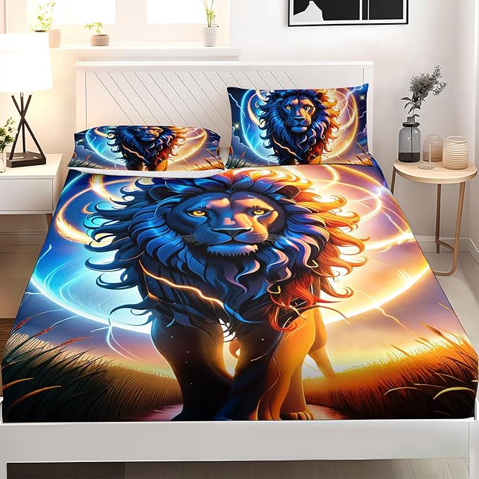 AILONEN Lion Fitted Sheet Set Twin Size, Constellation Lightning Lion Bed Sheet Set for Boys Girls,Blue Sky Starry Animal Lion Breathable Fitted Sheet and 2 Pillowcases,3 Pieces