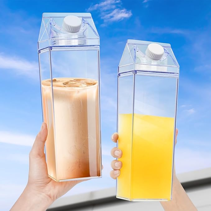 KALYLOC Milk Carton Water Bottle, 34 oz Clear Plastic Milk Box Square Juice Bottle, Portable Reusable Milk Bottles Bulk Water Container for Outdoor Sports Travel Camping Activities (Clean 6pcs)