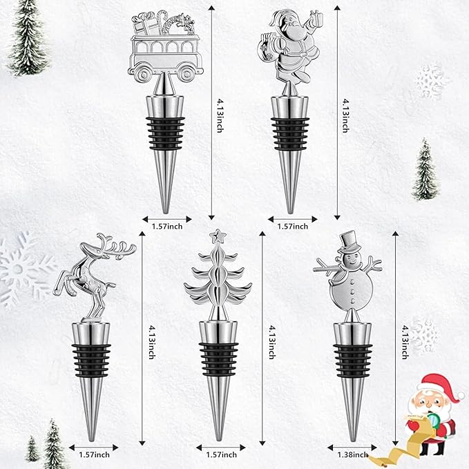 Christmas Wine Bottle Stoppers 5-Packs-Wine Saver Zinc Alloy Silicone,Reusable Leak Proof Keep Fresh Wine Corks,Bar,Holiday,Party,Wedding,Camping for Standard Bottle (Christmas suit)