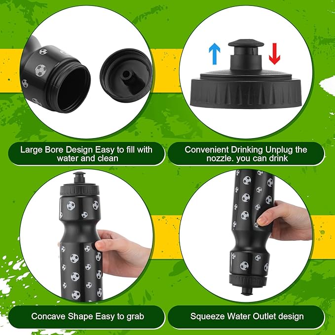 4 Pcs Soccer Party Favors, Soccer Drawstring Bags Goodie Treat Bags and 24 oz Squeeze Water Bottles