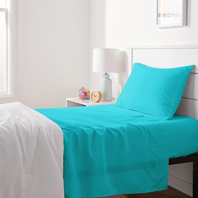 Amazon Basics Kid's Soft Easy-Wash Lightweight Microfiber 3-Piece Sheet Set, Twin, Bright Aqua, Solid