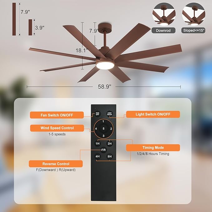 Depuley 60" Reversible Modern LED Ceiling Fan, 3 CCT Dimmable Ceiling Fans with Lights, Ceiling Fan with Remote and APP Control for Bedroom Living Room Dining Room Indoor or Outdoor Patio Brown