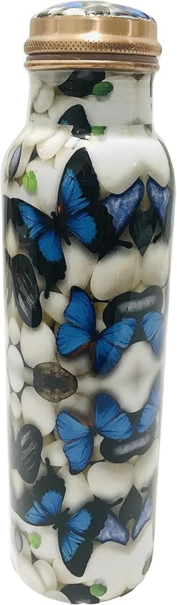 Blue Butterfly Copper Water Bottle 34 Oz Joint Free-Ayurveda Health For Travelling Purpose Copper water Drinking Water Bottle, Yoga Capacity Christmas gift Diwali Gift 1 litre