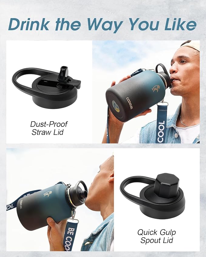Coolflask 64 oz Water Bottle Insulated with Strap, Half Gallon Water Jug Stainless Steel with Straw & Spout Lids, Metal Large Water Flask, Keep Cold 48h Hot 24h, Leak Proof & Non-BPA, Prussian Blue