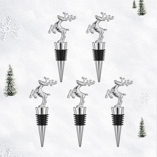 Christmas Wine Bottle Stoppers 5-Packs - Wine Saver Zinc Alloy Silicone, Reusable Leak Proof Keep Fresh Wine Corks, for Gifts, Bar, Holiday, Party, Wedding, Camping for Standard Bottle （Deer）