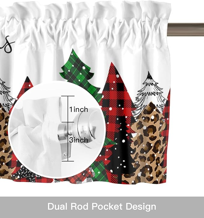 Merry Christmas Valance Curtains for Kitchen Windows Buffalo Plaid Xmas Tree Winter Forest Farmhouse Rod Pocket Window Treatment Toppers for Kitchen/Living Room/Bedroom/Bathroom, 42" X 12",Red Green