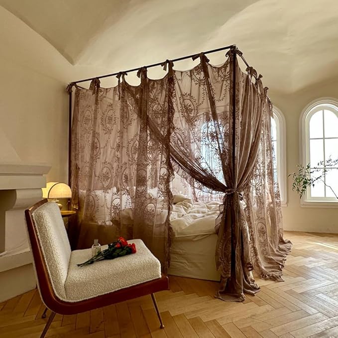 Elegant Lace Princess 4 Corner Post Mosquito Net Romantic for Girls Women Bed Curtain Canopy for Adult Wedding Bedroom Kids Rooms Decoration (Coffee, Queen)
