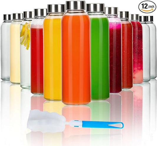 Glass Water Bottles,16 oz Clear Glass Bottles with Lids,Reusable Juice Bottles with Stainless Steel Cap,Portable Drinking Bottles for Soda Water,Kombucha