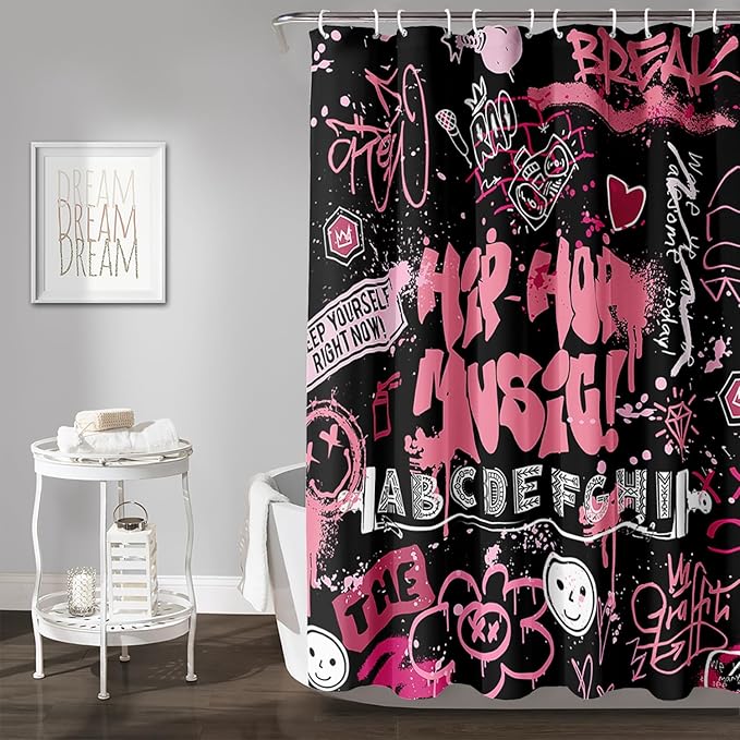 AILONEN Black Pink Graffiti Shower Curtains for Teens Girls,Hip-Hop Music Bath Shower for Bathroom,Polyester Waterproof with 12 Hooks,48" W*72" H Black Pink