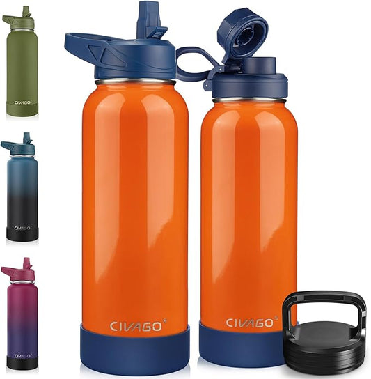 CIVAGO 40 oz Insulated Water Bottle With Straw, Stainless Steel Sports Water Cup Flask with 3 Lids (Straw, Spout and Handle Lid), Double Walled Travel Thermal Canteen Mug, Deep Orange