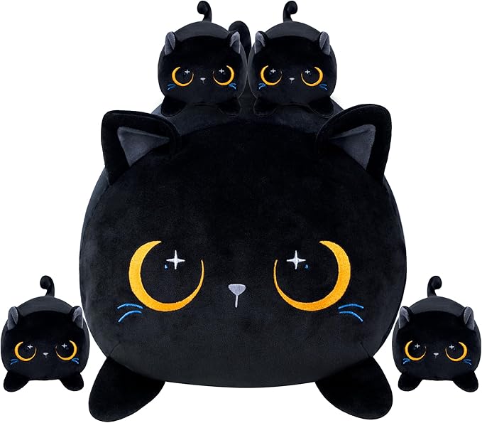 Black Cat Plush Cute Cat Stuffed Animal with 4 Baby Soft Pillow Christmas, Thanksgiving, Birthday Gift for Girls Boys Kids Decor