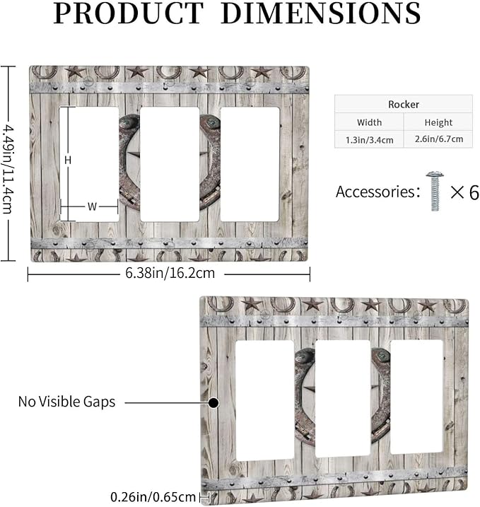 Rustic Western Wood Barn Door Horseshoe Iron Star 3 Gang Rocker Light Switch Covers Triple Outlet Wall Plate Decorative Switchplate Cover Faceplate GFCI for Farmhouse Country Bedroom Decor