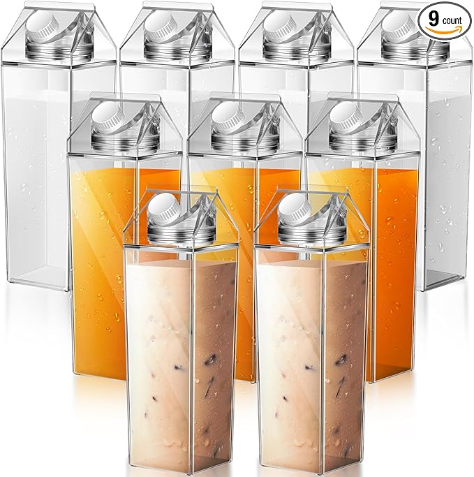 Remerry 9 Pcs 34oz Clear Milk Carton Water Bottle Plastic Clear Milk Carton Cup Square Plastic Cute Milk Carton Container Portable Reusable Milk Bottles Leakproof Juice Bottle for Sports Camping