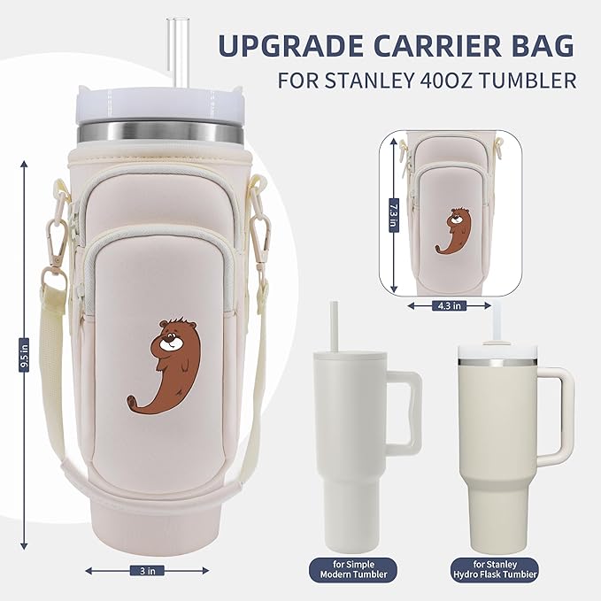 Water Bottle Carrier Bag with Phone Pocket for Stanley 40 oz Tumbler Neoprene Water Bottle Holder Pouch with Adjustable Strap Bollus with Straw Cover & Carabiner for Stanley Cup Accessories