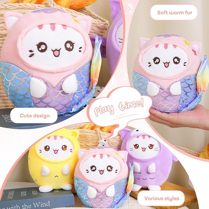 Cute Plush Mermaid Cat Stuffed Animal Pillow, 8" Soft Kawaii Kitten Plushie with Mermaid Outfit Gift for Kids