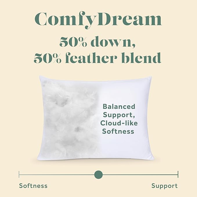 ComfyDown 50/50 Down Feather Blend ComfyDream Bed Pillow for Sleeping, Egyptian Cotton Cover, Made in USA, Queen Size (King)