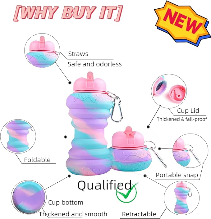 Collapsible Water Bottles，Foldable Sport Cups，Leak Proof Reusable Bpa Free Water Bottles，21oz Mixed Colors Design，for Outdoor, Travel Gym Hiking Purple