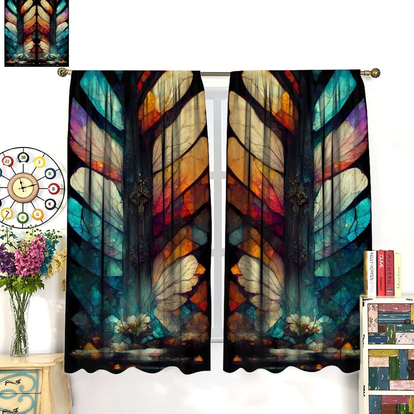 Stained Glass Curtains,Vintage Magical Colorful Abstract Art Home Decor Drapes for Bedroom Living Room Kitchen Window Treatment 2 Panels Set Total Size 84" W X 84" L Inch